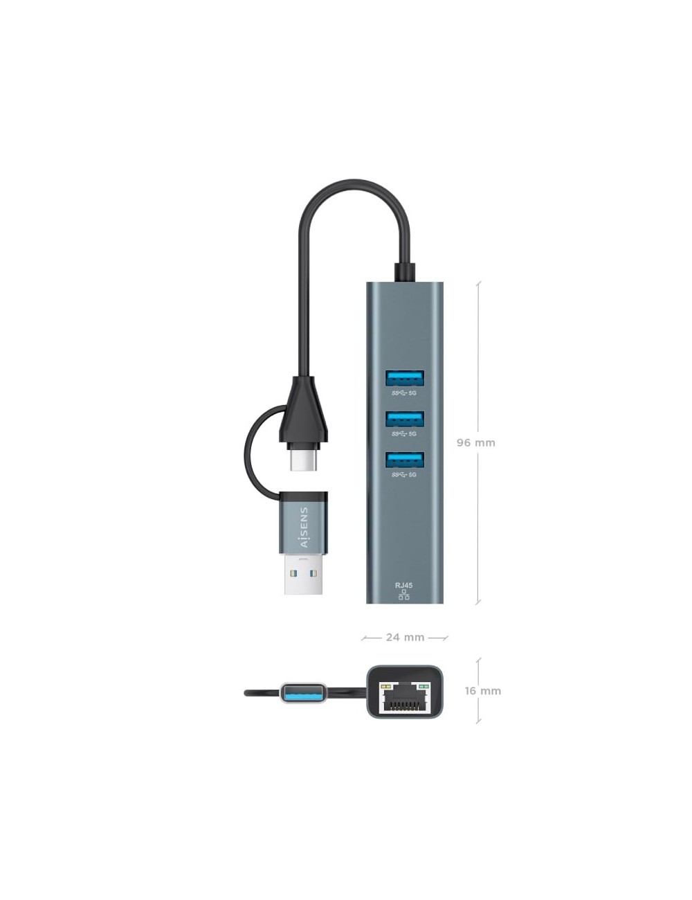 Hub USB + USB Tipo-C 3.2 Aisens A109-1033/ 3xUSB/ 1xRJ45/ Gris