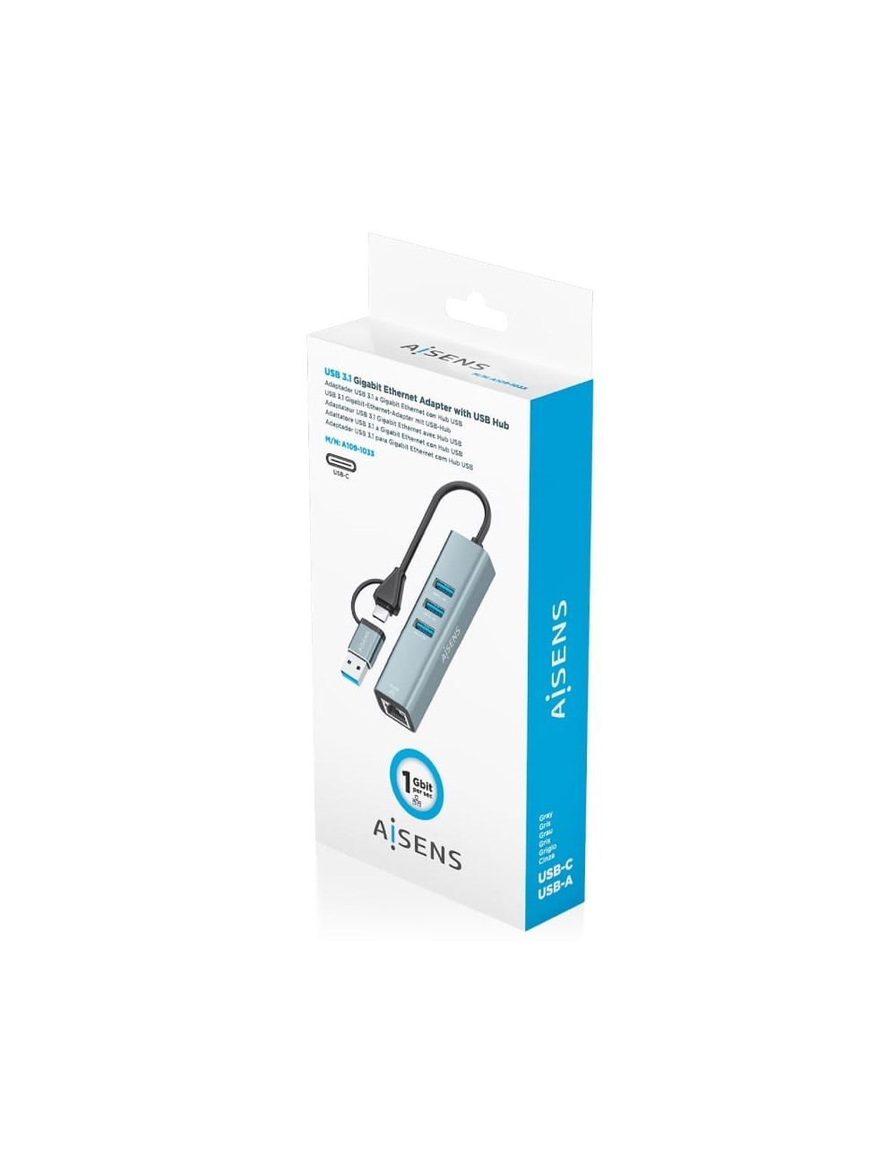 Hub USB + USB Tipo-C 3.2 Aisens A109-1033/ 3xUSB/ 1xRJ45/ Gris