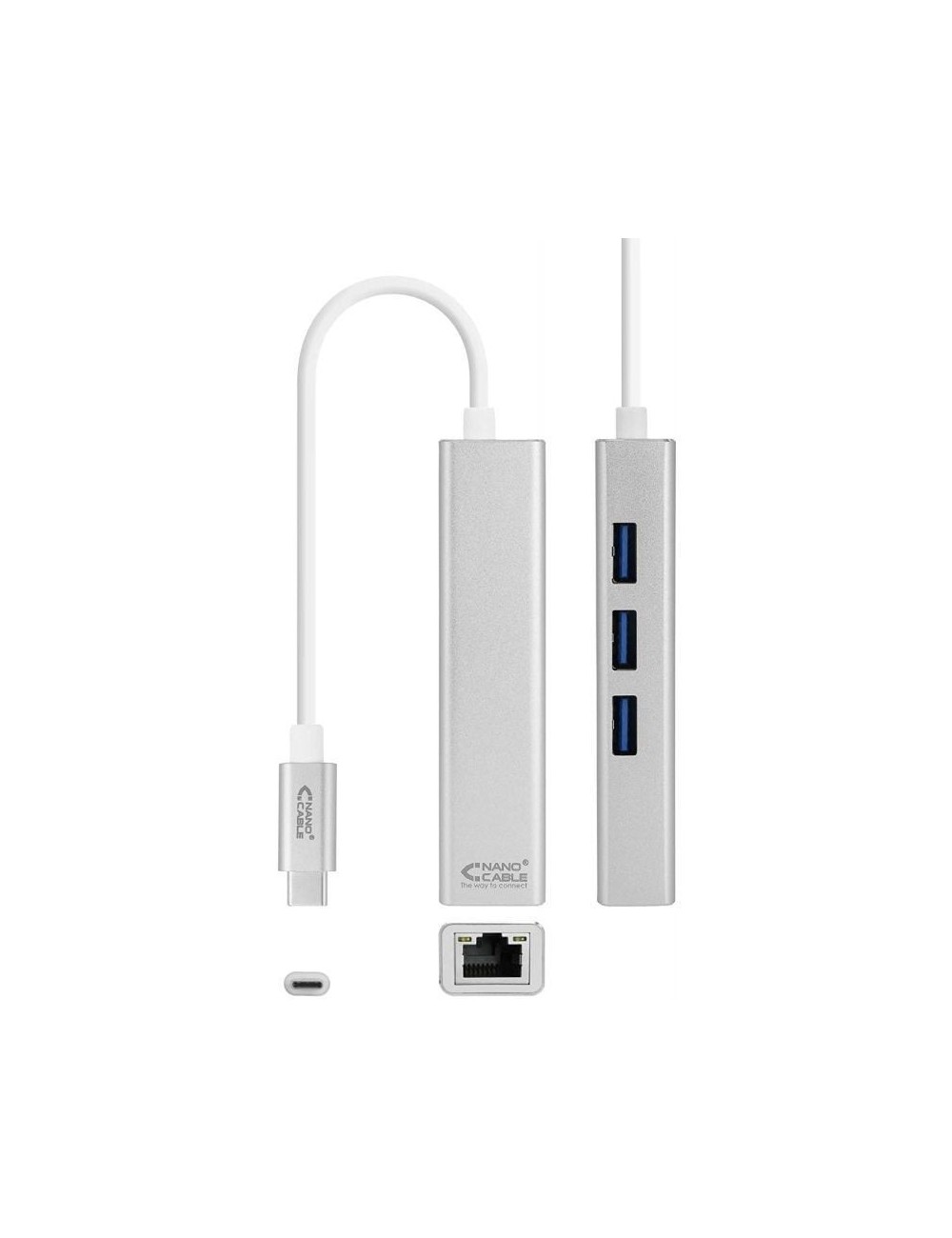 Hub USB Tipo-C Nanocable 10.03.0404/ 3xUSB/ 1xRJ45/ Gris