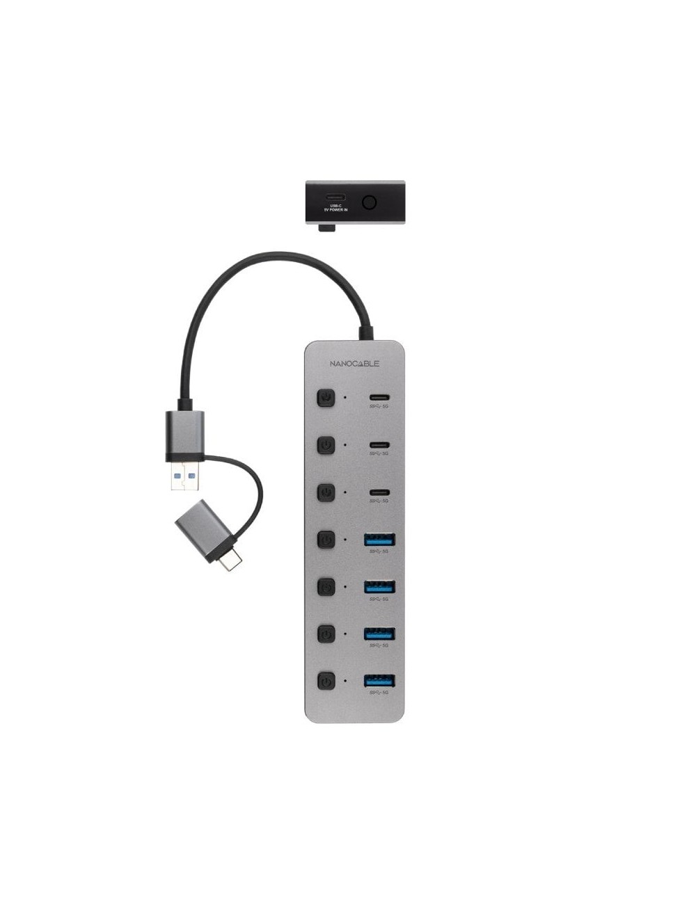 Hub USB + USB Tipo-C Nanocable 10.16.4510/ 4xUSB/ 3xUSB Tipo-C/ 1xUSB Tipo-C PD/ Gris