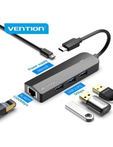 Hub USB Tipo-C Vention TGPBB/ 3xUSB/ 1xRJ45/ 1xMicro B PD