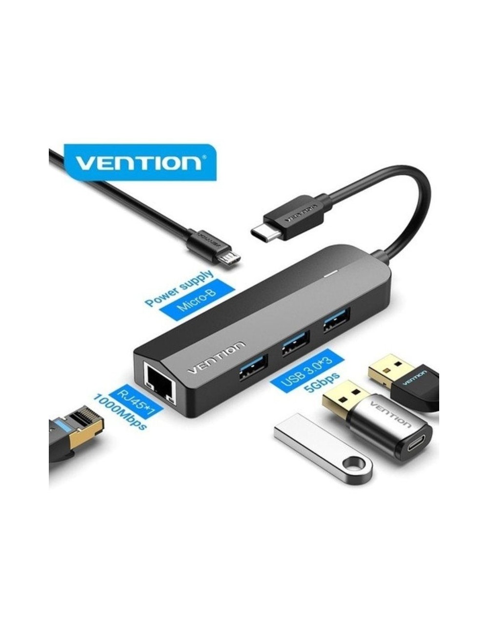 Hub USB Tipo-C Vention TGPBB/ 3xUSB/ 1xRJ45/ 1xMicro B PD