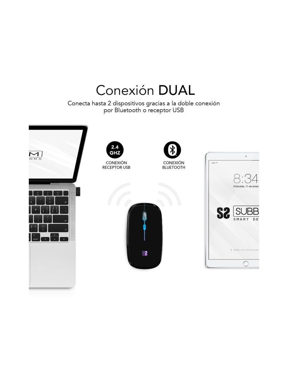 Ratón Inalámbrico Subblim LED Dual Flat/ Batería recargable/ Hasta 1600 DPI