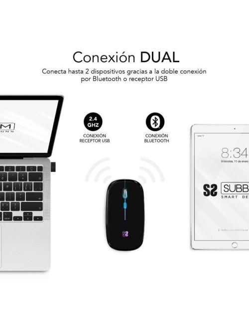 Ratón Inalámbrico Subblim LED Dual Flat/ Batería recargable/ Hasta 1600 DPI