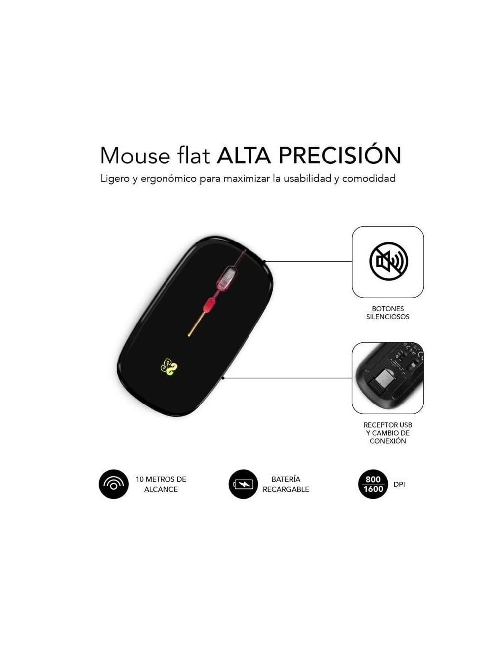Ratón Inalámbrico Subblim LED Dual Flat/ Batería recargable/ Hasta 1600 DPI