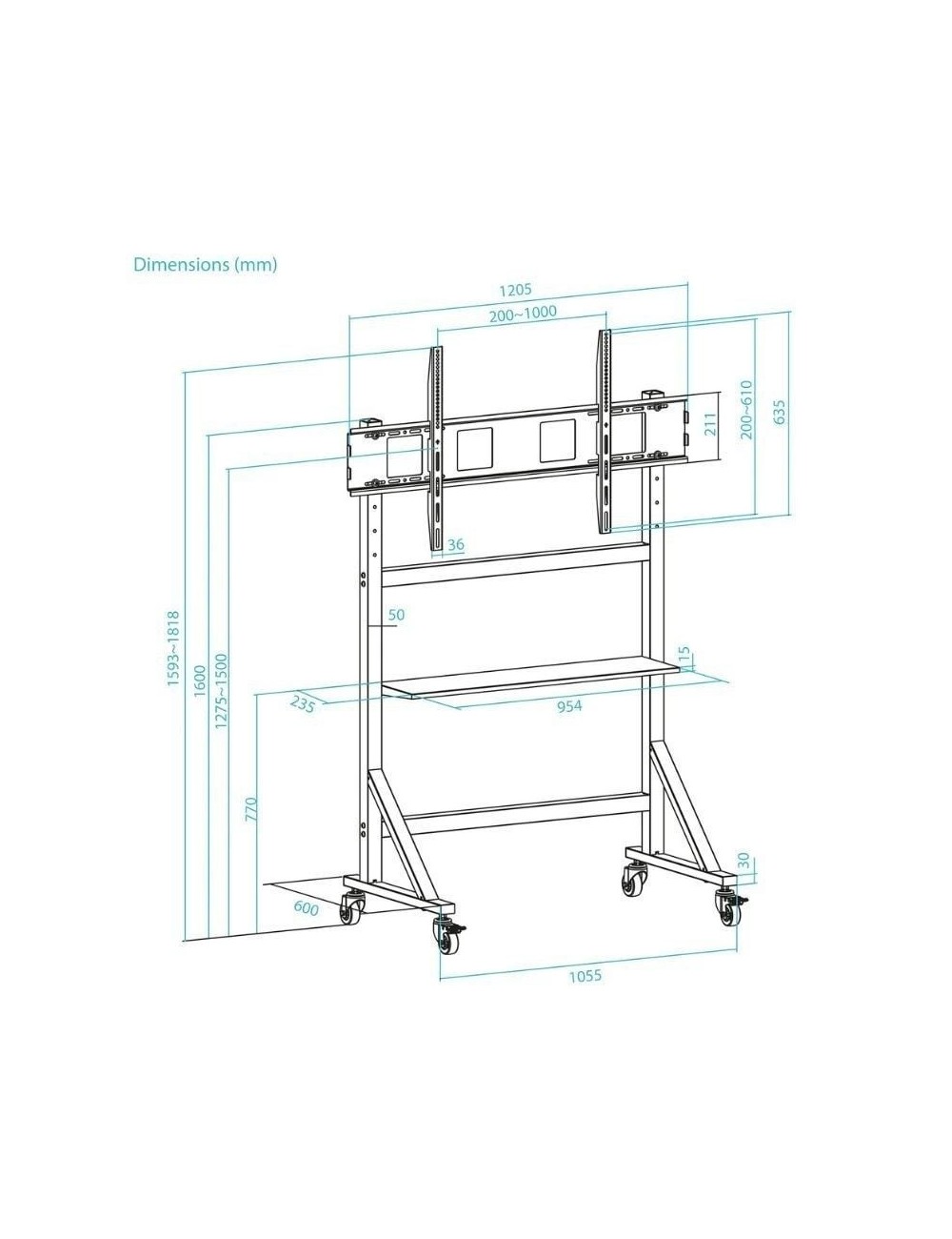 Soporte de Suelo Ajustable con Ruedas TooQ FS20105M-B para TV de 60-105'/ hasta 120kg