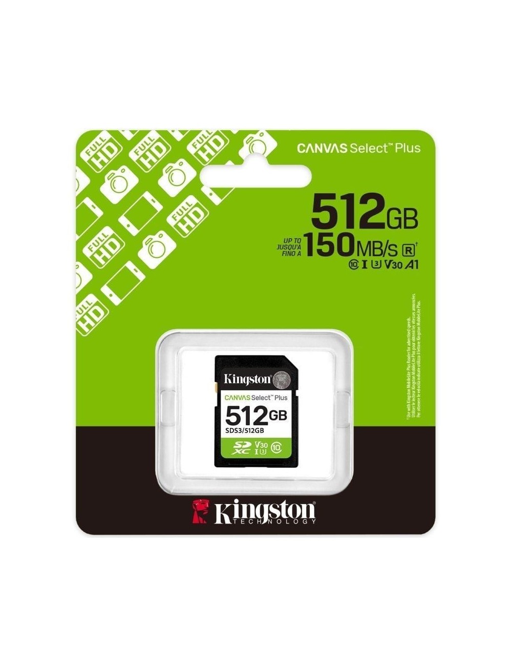 Tarjeta de Memoria Kingston CANVAS Select Plus 512GB SD XC/ Clase 10/ 150MBs