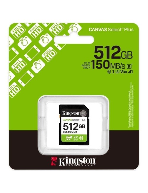 Tarjeta de Memoria Kingston CANVAS Select Plus 512GB SD XC/ Clase 10/ 150MBs