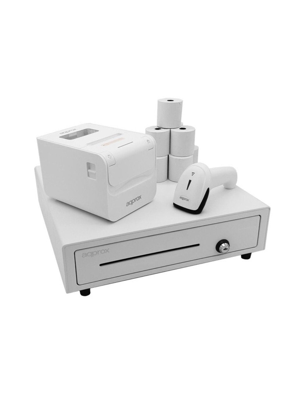 Pack Approx appPOSPACK4180WH Cajón Portamonedas/ Impresora Térmica/ Lector de Códigos y Rollos Térmicos