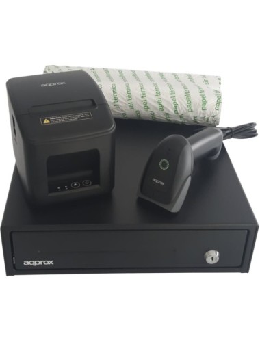 Pack para TPV Approx appPOSPACK3380USB-2D/ Cajón Portamonedas + Impresora Térmica de Tickets + Lector de Códigos + Rollos Térmic