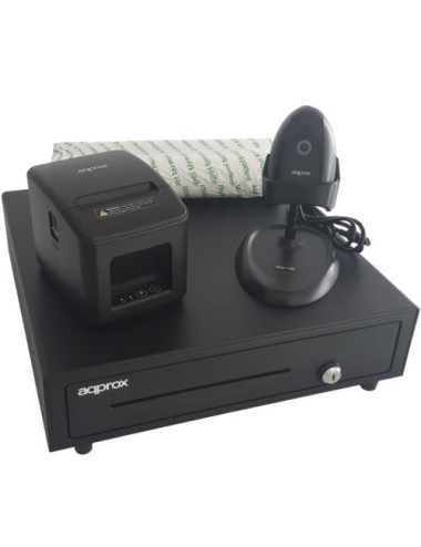 Pack para TPV Approx appPOSPACK4180USB/ Cajón Portamonedas + Impresora Térmica de Tickets + Lector de Códigos + Rollos Térmicos