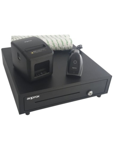 Pack para TPV Approx appPOSPACK4180USB-2D/ Cajón Portamonedas + Impresora Térmica de Tickets + Lector de Códigos + Rollos Térmic
