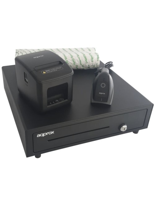 Pack para TPV Approx appPOSPACK4180USB-2D/ Cajón Portamonedas + Impresora Térmica de Tickets + Lector de Códigos + Rollos Térmic