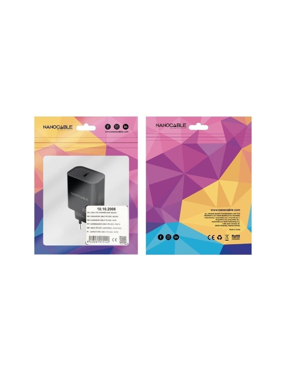 Cargador de Pared Nanocable 10.10.2006/ 1xUSB Tipo-C/ 20W/ Negro