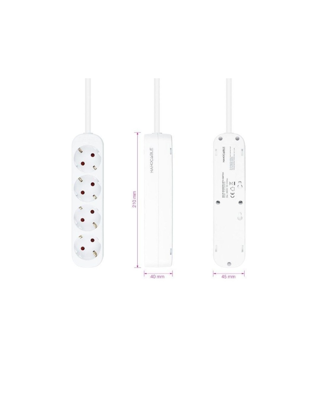 Regleta Nanocable 10.37.0004-NS/ 4 Tomas de Corriente/ Cable 1.4m/ Blanca