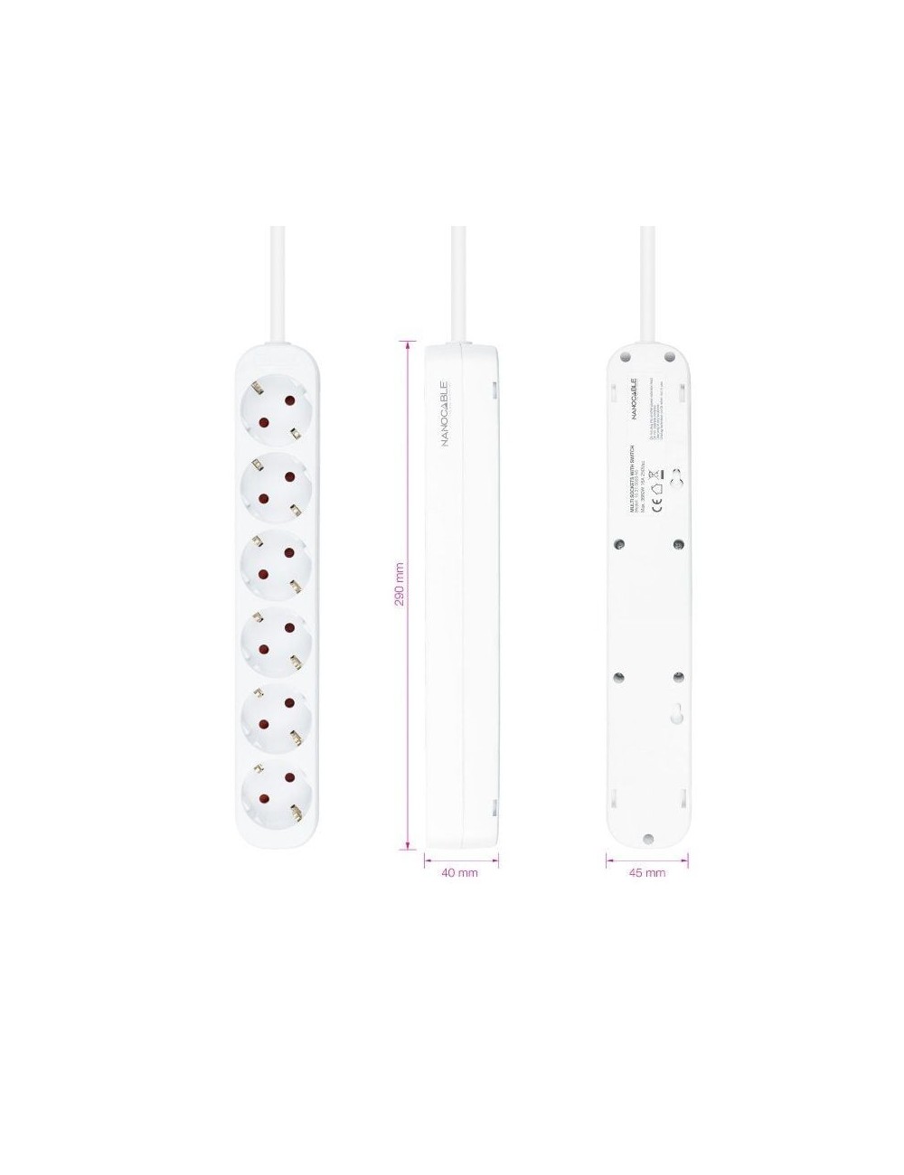 Regleta Nanocable 10.37.0006-NS/ 6 Tomas de Corriente/ Cable 1.4m/ Blanca