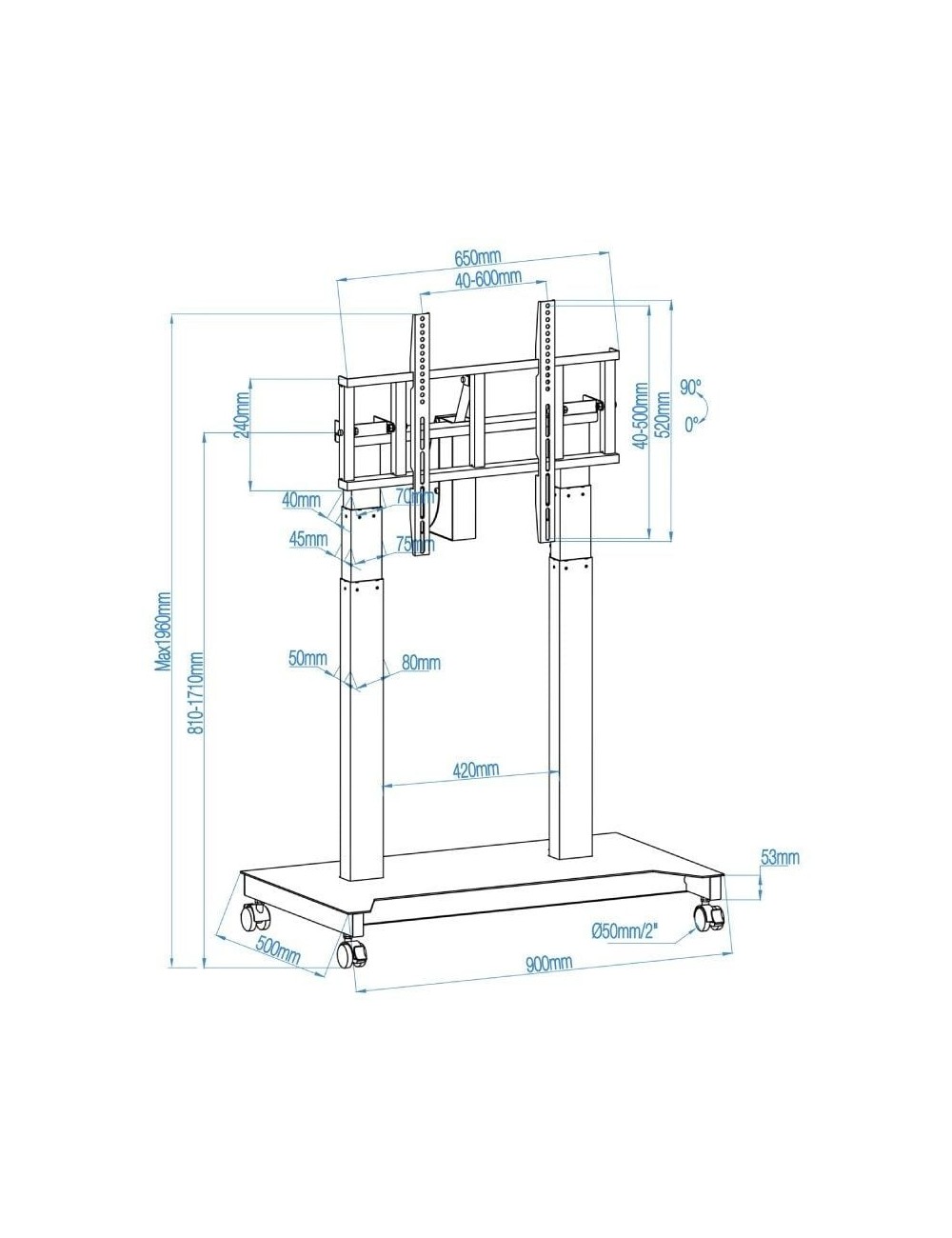 Soporte de Suelo Eléctrico/ Inclinable/ Ajustable con Ruedas TooQ UROS FSM03-B para TV 52-84'/ hasta 100kg