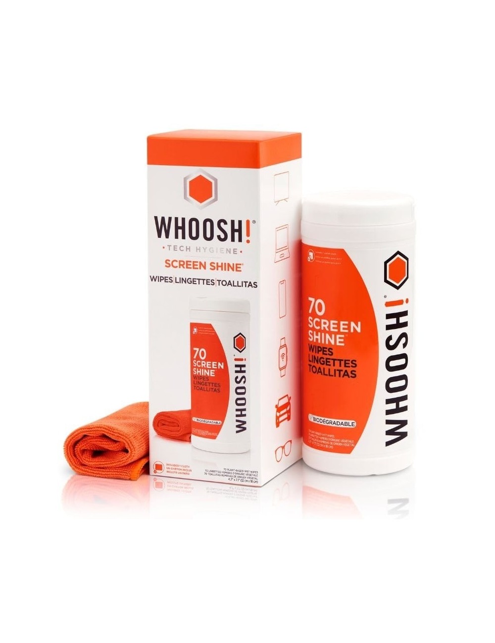 Kit Toallitas Whoosh WSH006 para Limpieza de Pantallas/ Pack de 70 unidades + Paño Microfibra