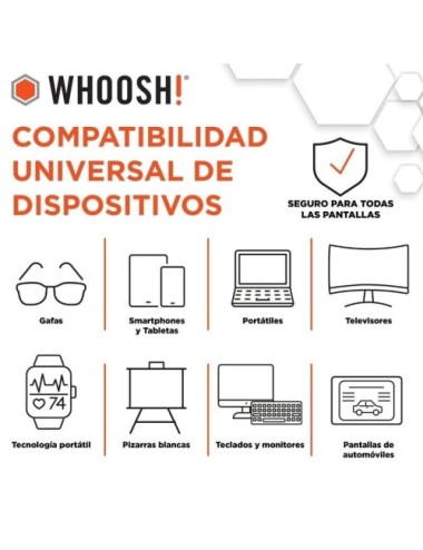 Kit Toallitas Whoosh WSH006 para Limpieza de Pantallas/ Pack de 70 unidades + Paño Microfibra