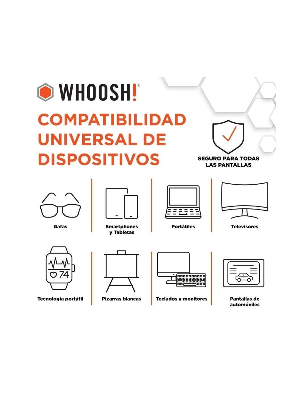 Kit Toallitas Whoosh WSH006 para Limpieza de Pantallas/ Pack de 70 unidades + Paño Microfibra