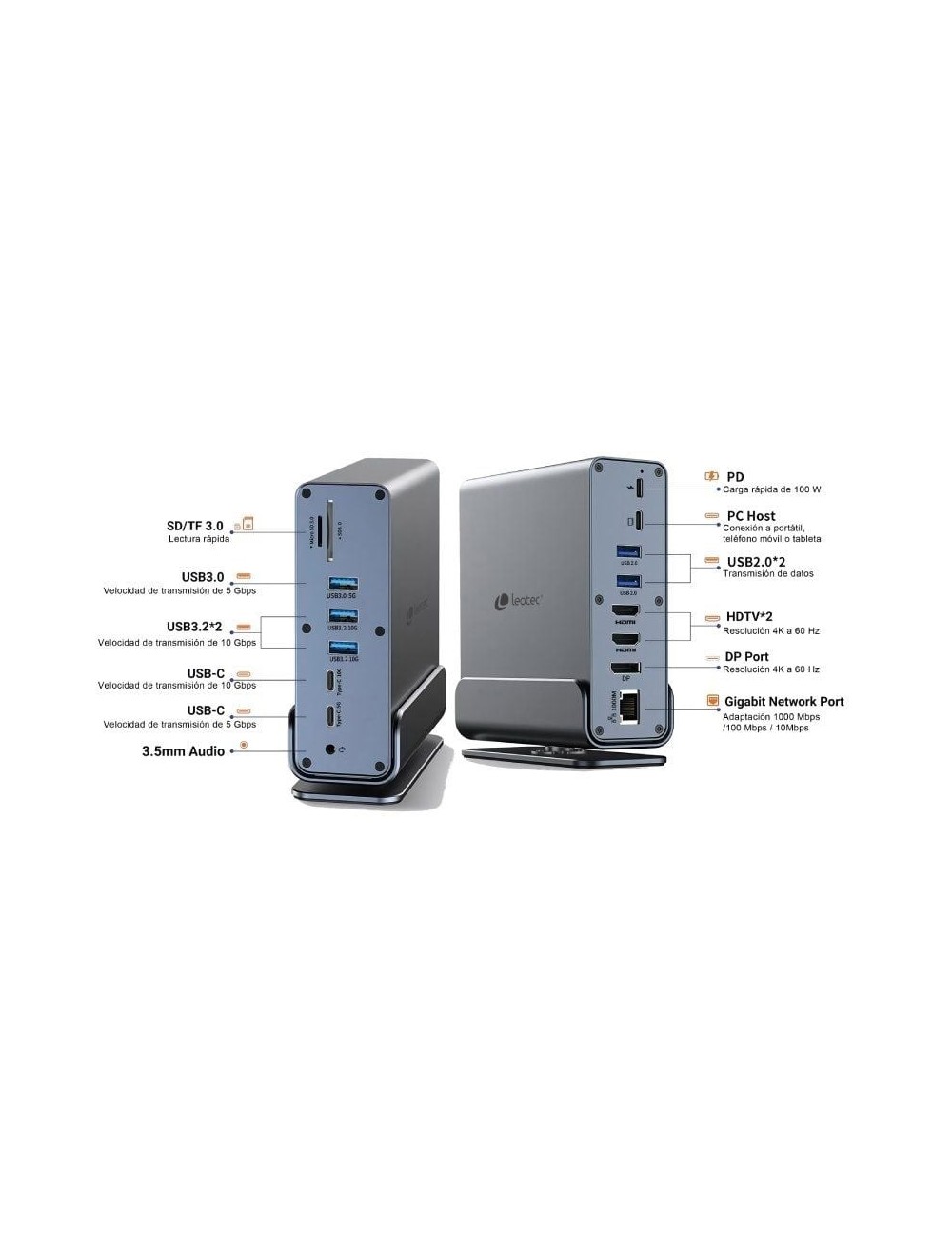 Docking USB Tipo-C Leotec LEDS06/ 5xUSB/ 2xUSB Tipo-C/ 1xUSB Tipo-C PD/ 1xDisplayPort/ 2xHDMI 4K/ 1xRJ45/ 1xJack 3.5/ 1xLector d