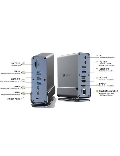 Docking USB Tipo-C Leotec LEDS06/ 5xUSB/ 2xUSB Tipo-C/ 1xUSB Tipo-C PD/ 1xDisplayPort/ 2xHDMI 4K/ 1xRJ45/ 1xJack 3.5/ 1xLector d