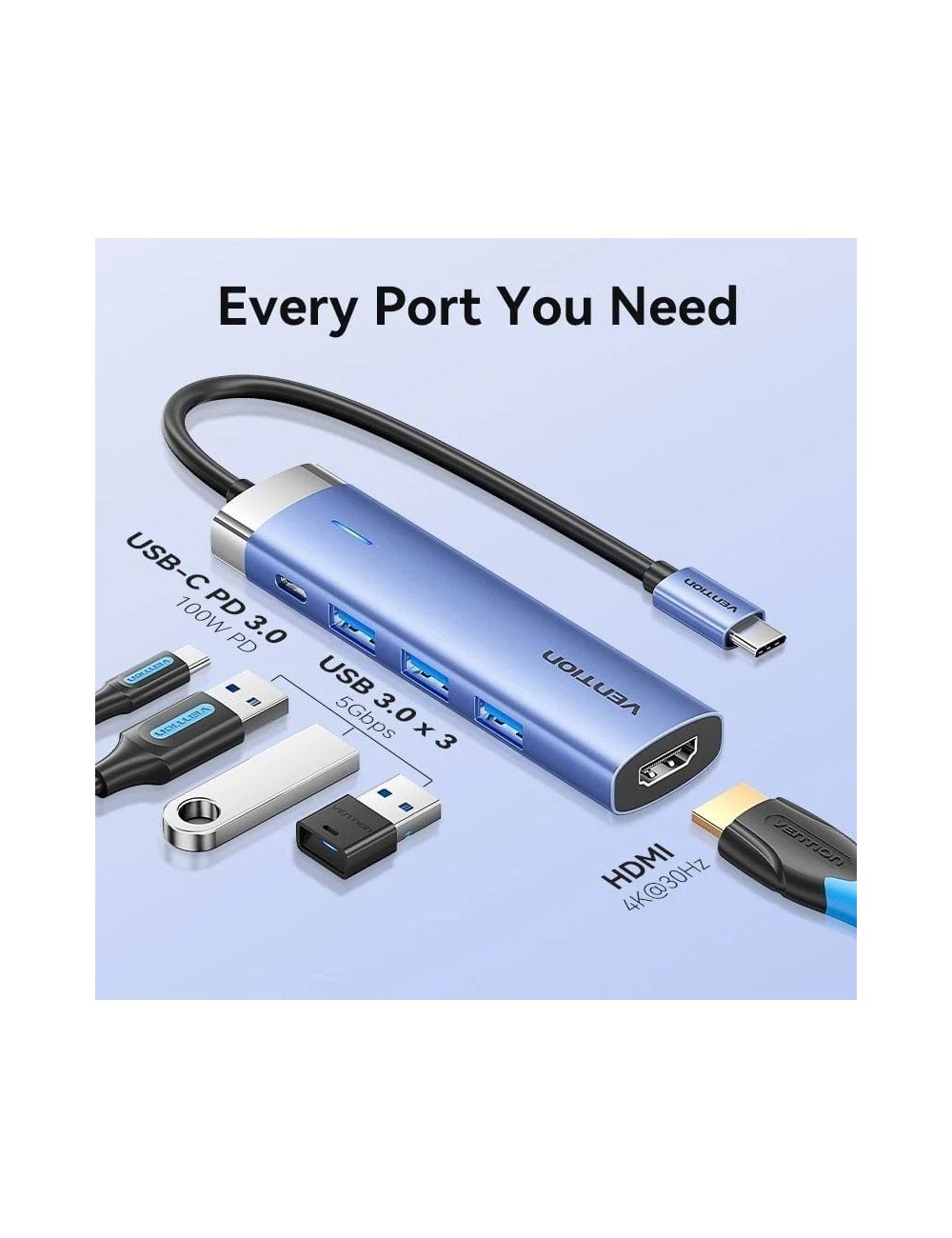 Docking USB Tipo-C Vention TGESB/ 3xUSB/ 1xHDMI 4K/ 1xUSB Tipo-C PD/ Azul