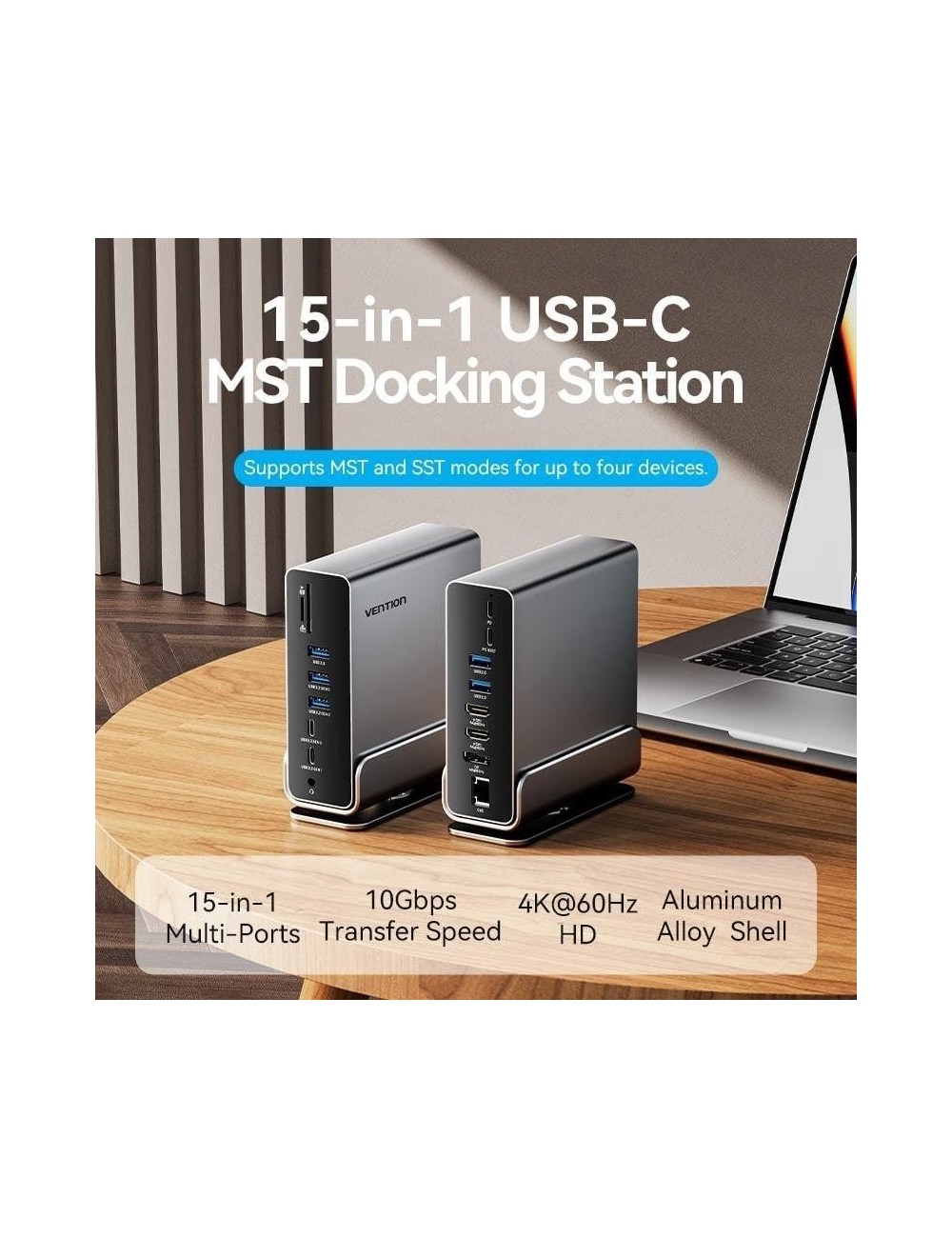 Docking USB Tipo-C Vention TPUH0/ 2xHDMI 4K/ 1xDisplayPort/ 3xUSB Tipo-C/ 5xUSB/ 1xRJ45/ 1xLector de Tarjetas/ 1xJack 3.5/ 1xUSB