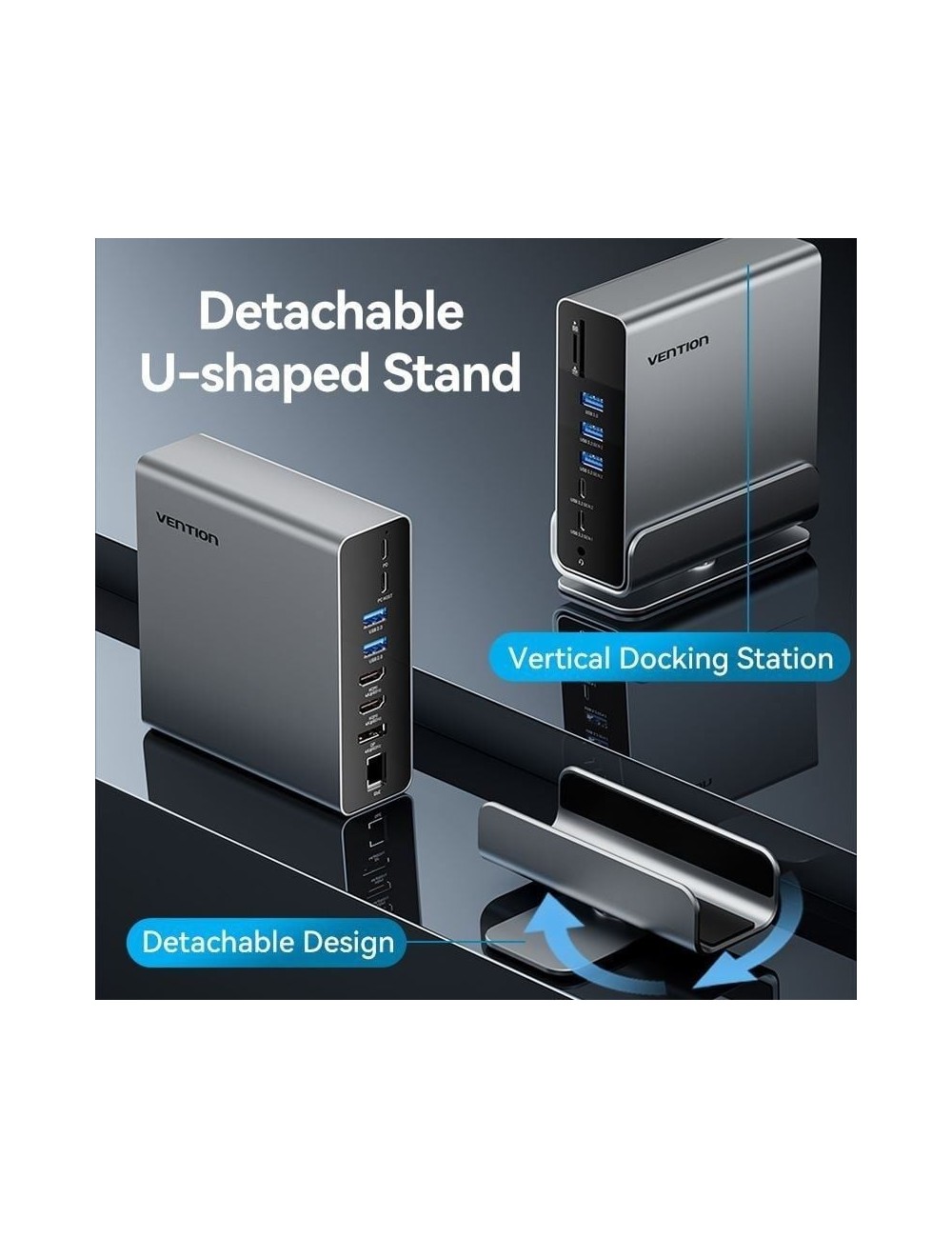 Docking USB Tipo-C Vention TPUH0/ 2xHDMI 4K/ 1xDisplayPort/ 3xUSB Tipo-C/ 5xUSB/ 1xRJ45/ 1xLector de Tarjetas/ 1xJack 3.5/ 1xUSB