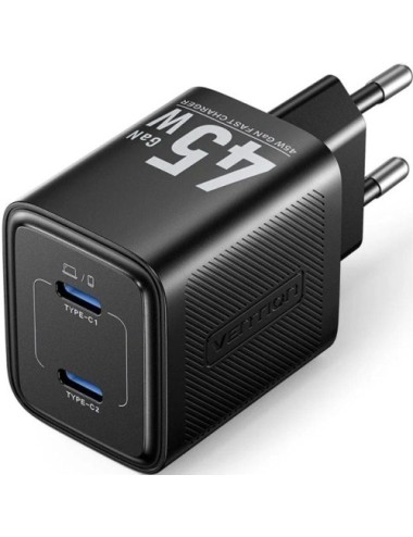 Cargador de Pared GaN Vention FEFB0-EU/ 2xUSB Tipo-C/ 45W
