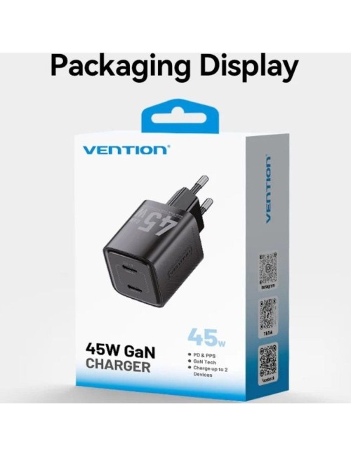 Cargador de Pared GaN Vention FEFB0-EU/ 2xUSB Tipo-C/ 45W