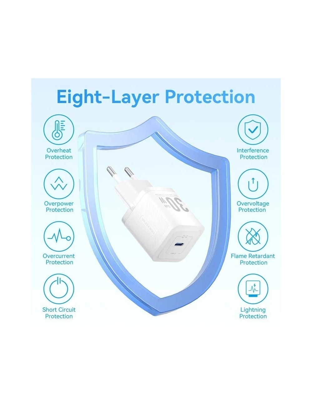 Cargador de Pared GaN Vention FEZB0-EU/ 1xUSB Tipo-C/ 30W