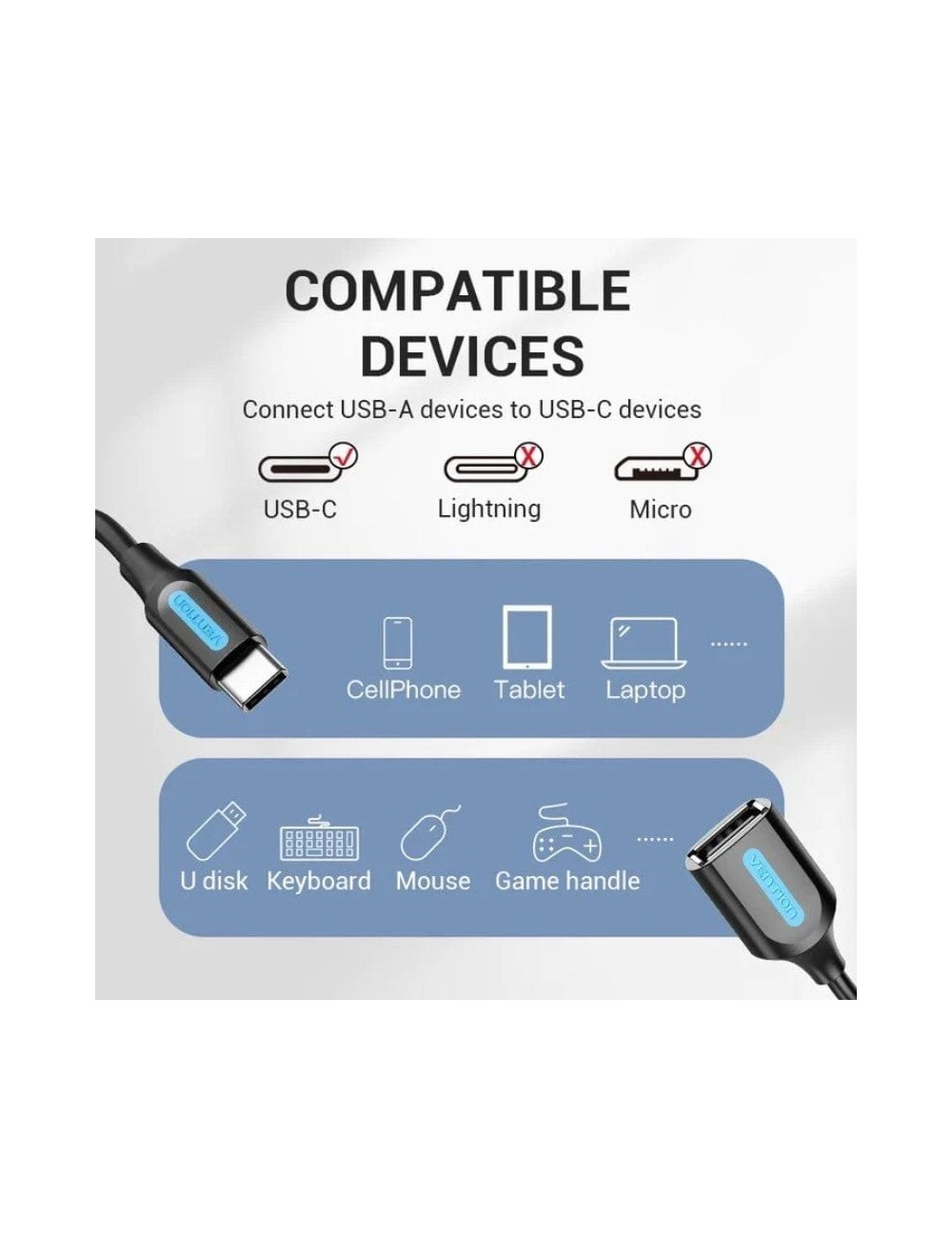 Cable USB 2.0 Tipo-C Vention CCSBB/ USB Tipo-C Macho - USB Hembra/ 15cm/ 480Mbps/ Negro