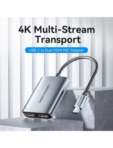 Cable Conversor Vention ACZHB/ USB Tipo-C Macho - 2x HDMI Hembra/ Gris