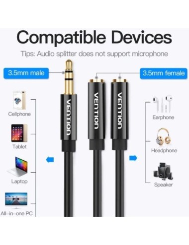 Cable Estéreo Vention BBSBY/ Jack 3.5 Macho - 2x Jack 3.5 Hembra/ 30cm/ Negro