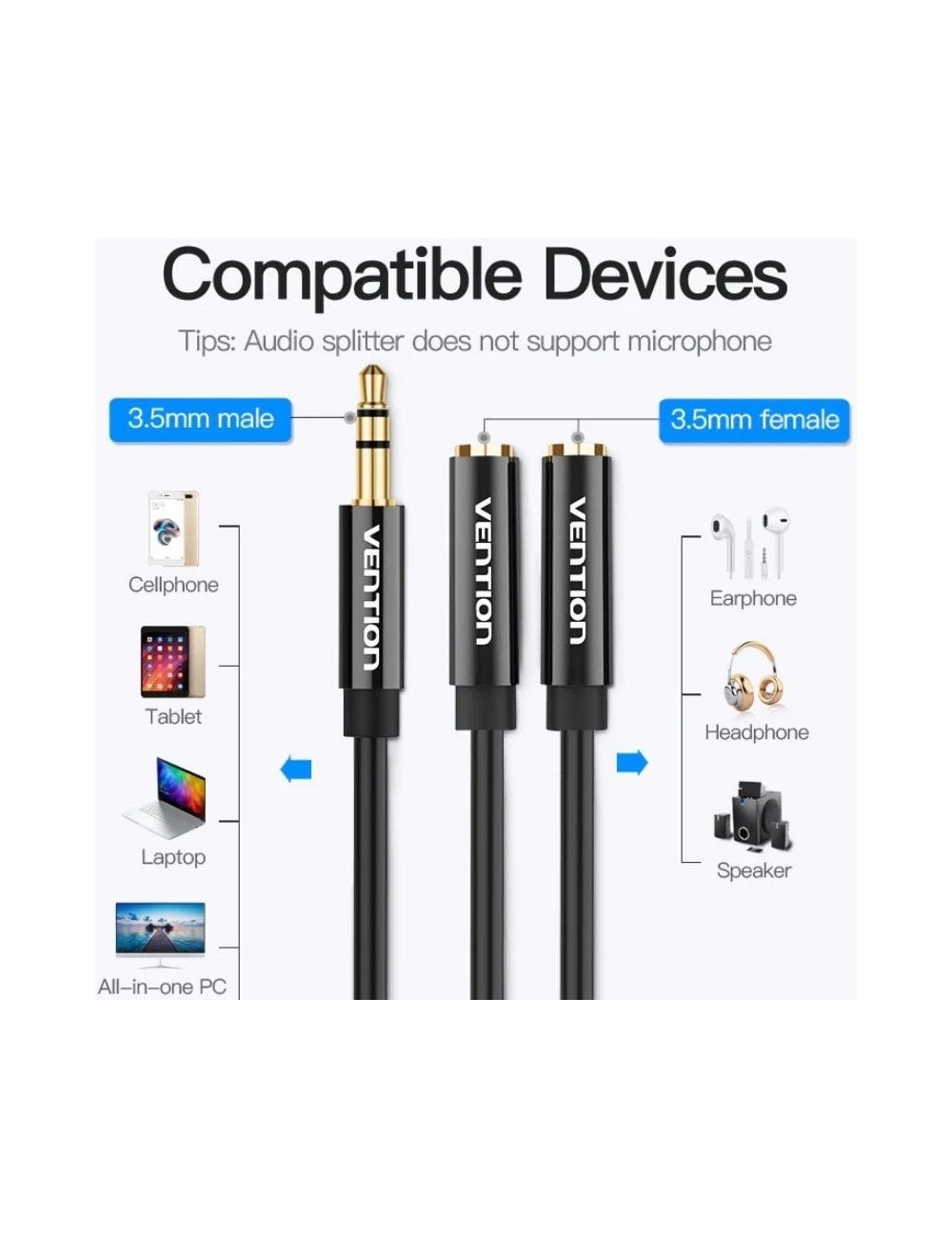Cable Estéreo Vention BBSBY/ Jack 3.5 Macho - 2x Jack 3.5 Hembra/ 30cm/ Negro