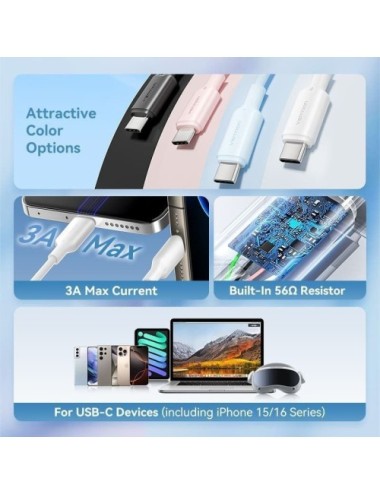 Cable USB 2.0 Tipo-C Vention CTQWF/ USB Tipo-C Macho - USB Macho/ Hasta 60W/ 480Mbps/ 1m/ Blanco