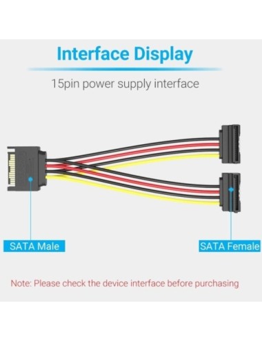 Cable Alimentación Vention KDBBB/ SATA Macho - 2x SATA Hembra/ 15cm/ Negro