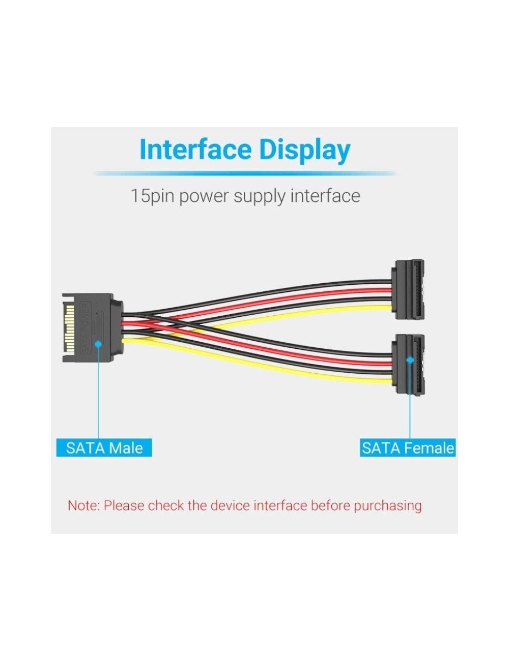 Cable Alimentación Vention KDBBB/ SATA Macho - 2x SATA Hembra/ 15cm/ Negro