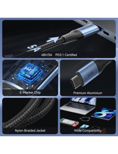 Cable USB 2.0 Tipo-C 5A Vention TREBH/ USB Tipo-C Macho - USB Tipo-C Macho/ Hasta 240W/ 480Mbps/ 2m/ Azul y Negro