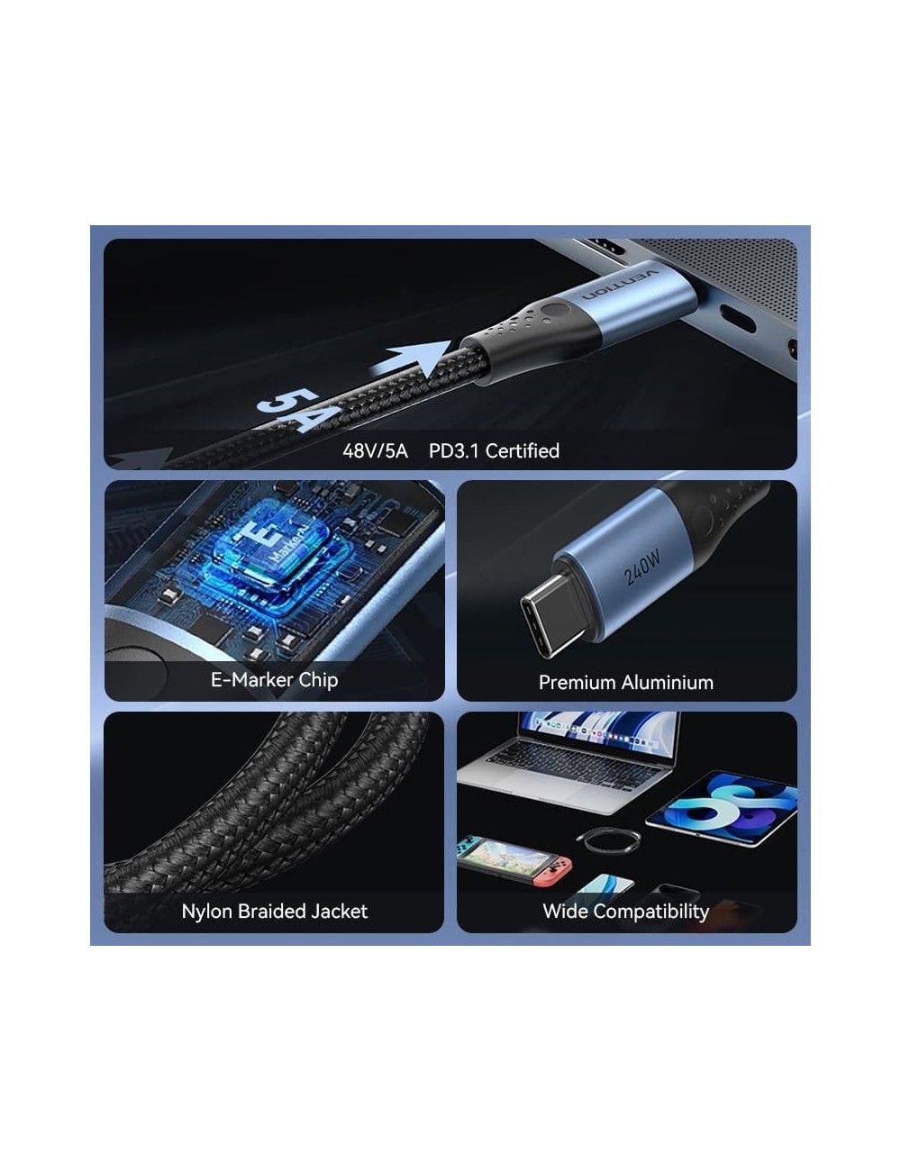 Cable USB 2.0 Tipo-C 5A Vention TREBH/ USB Tipo-C Macho - USB Tipo-C Macho/ Hasta 240W/ 480Mbps/ 2m/ Azul y Negro