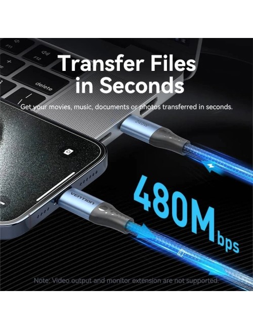 Cable USB 2.0 Tipo-C 5A Vention TREBH/ USB Tipo-C Macho - USB Tipo-C Macho/ Hasta 240W/ 480Mbps/ 2m/ Azul y Negro