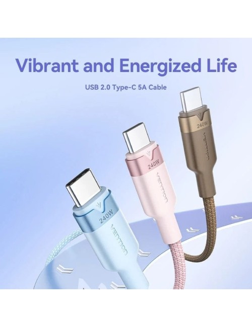 Cable USB 2.0 Tipo-C 5A Vention TRIPF/ USB Tipo-C Macho - USB Tipo-C Macho/ Hasta 240W/ 480Mbps/ 1m/ Rosa