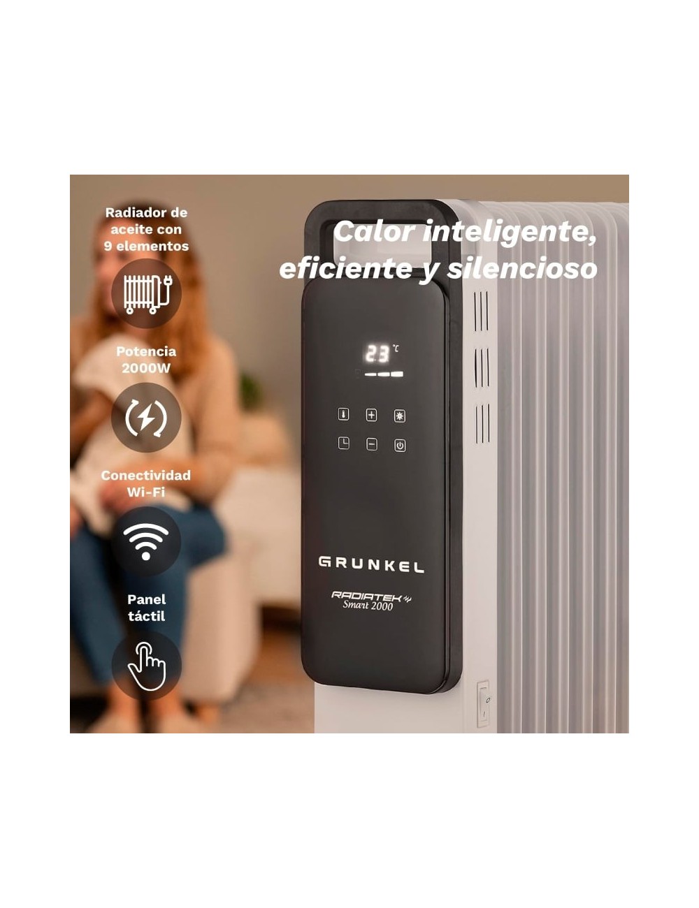 Radiador de Aceite Grunkel RD-2000PRO/ 3 Potencias/ 2000W/ 9 Elementos/ WiFi