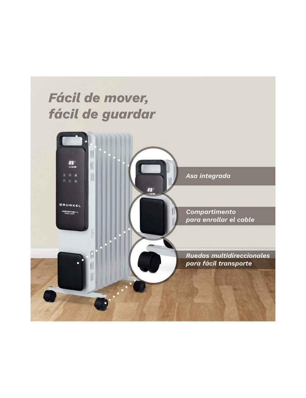 Radiador de Aceite Grunkel RD-2000PRO/ 3 Potencias/ 2000W/ 9 Elementos/ WiFi