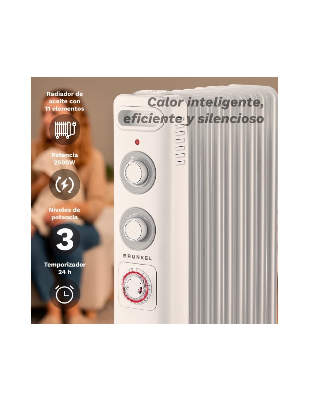 Radiador de Aceite Grunkel RD-2500S/ 3 Potencias/ 2500W/ 11 Elementos Caloríficos