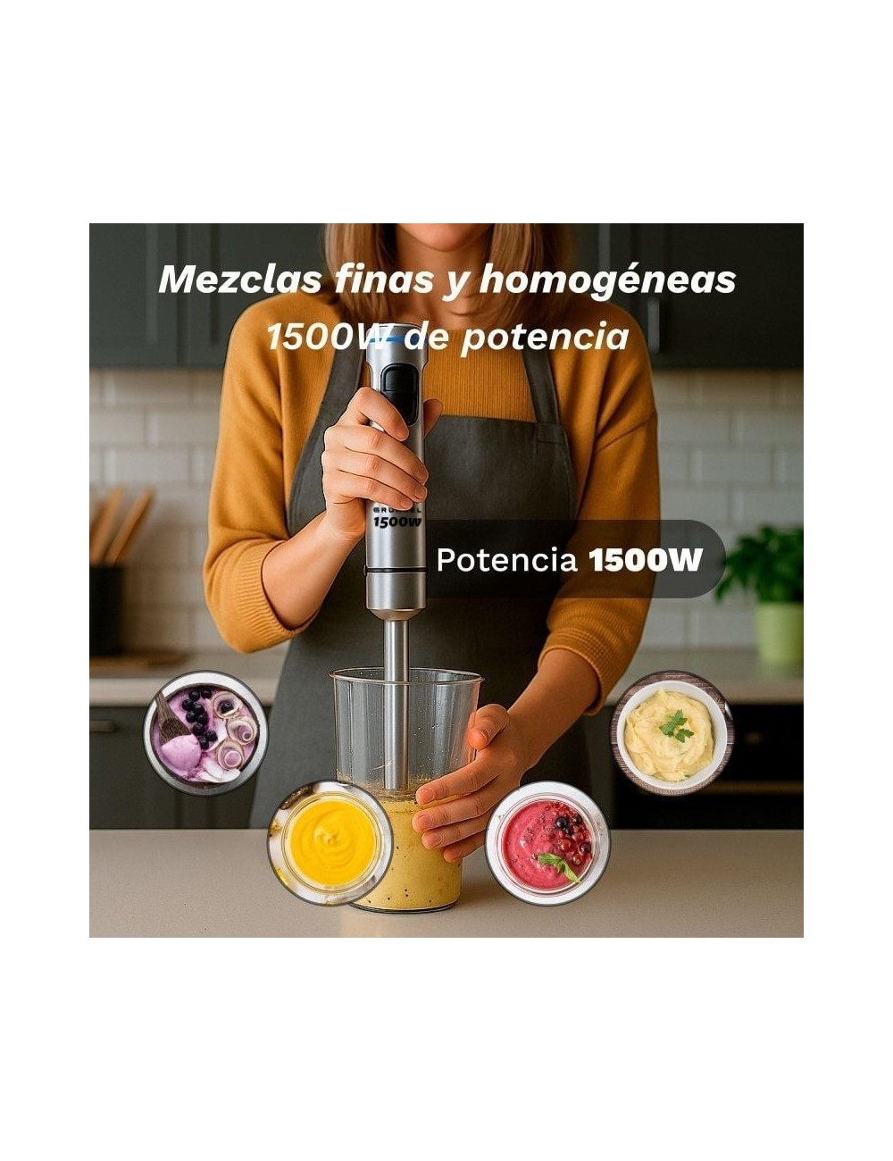 Batidora de mano Grunkel BM-1500SET/ 1500W/ Capacidad 0.8L/ Incluye Vaso, Picadora, Varilla y Soporte