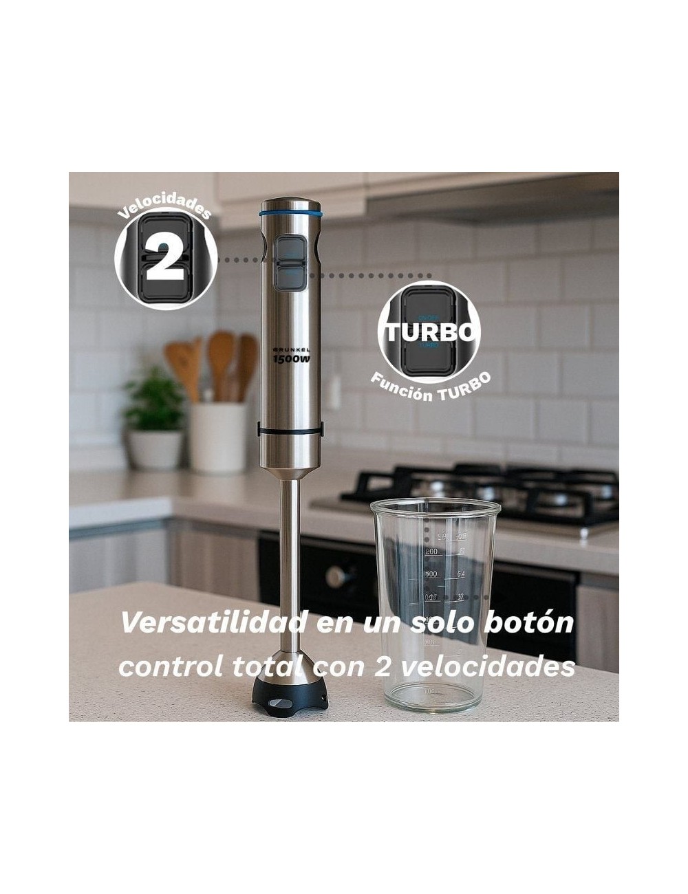 Batidora de mano Grunkel BM-1500SET/ 1500W/ Capacidad 0.8L/ Incluye Vaso, Picadora, Varilla y Soporte