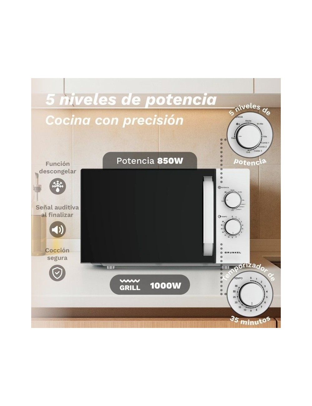 Microondas Grunkel MWG-25GRILL/ 850W/ Capacidad 25L/ Funcion Grill/ Blanco