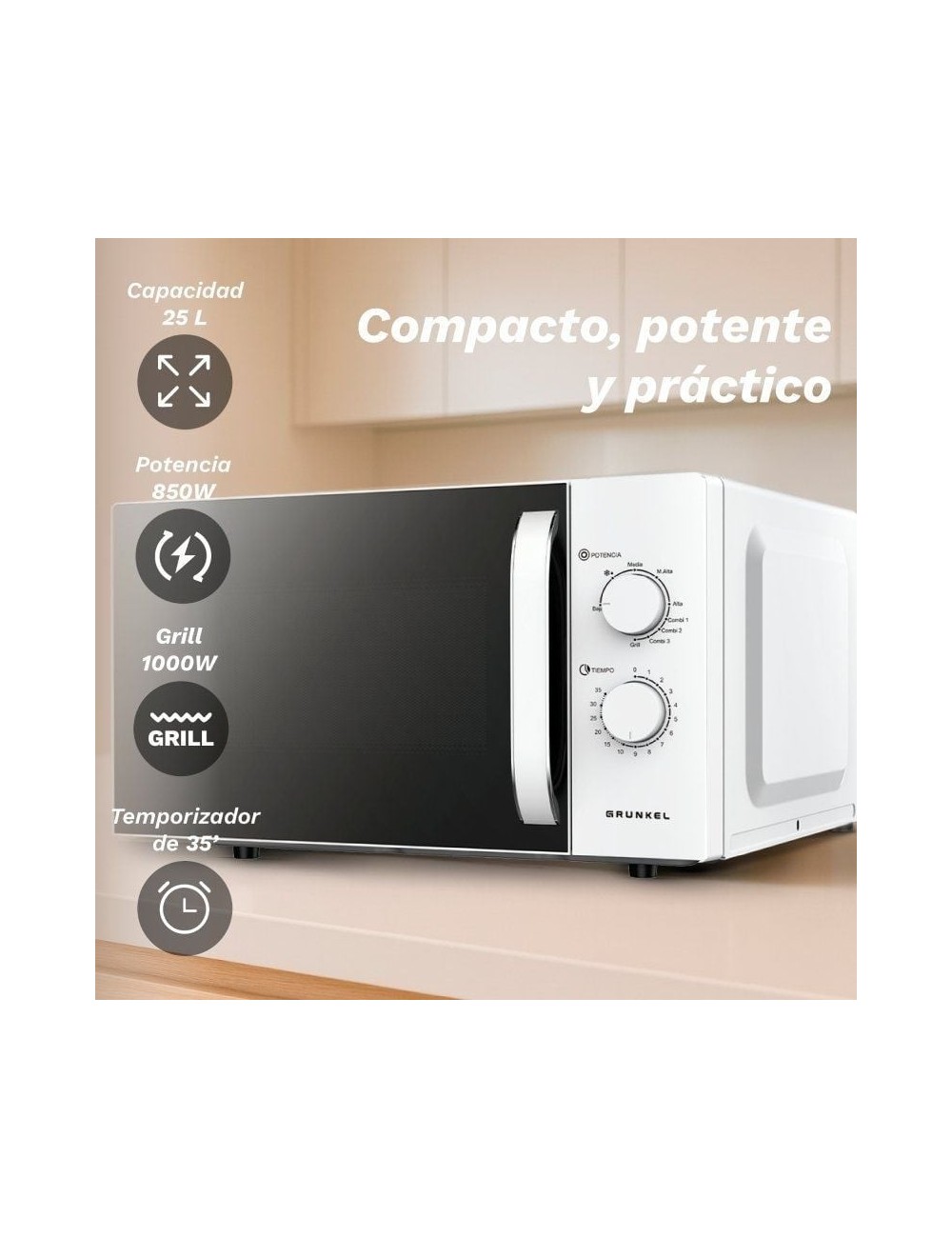 Microondas Grunkel MWG-25GRILL/ 850W/ Capacidad 25L/ Funcion Grill/ Blanco